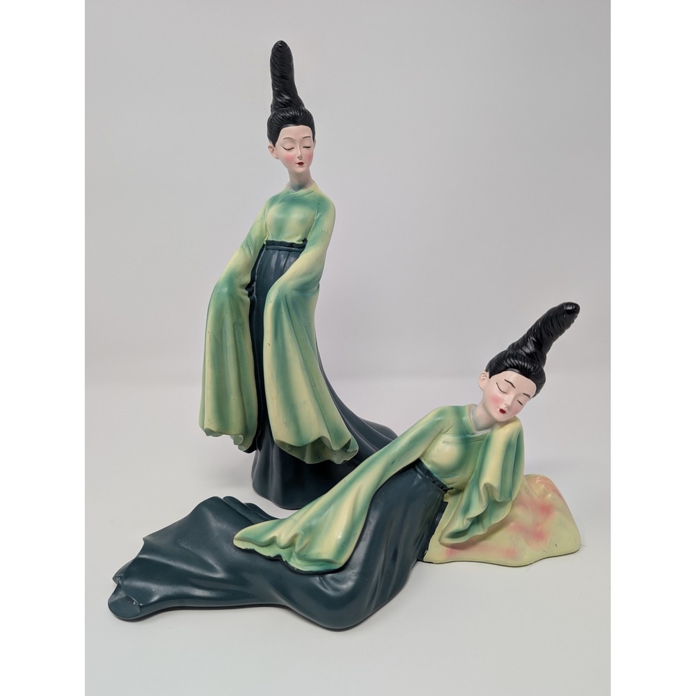 Vintage Style Asian Lady Figurines Set of 2 Teal Green Tang Dynasty Statues